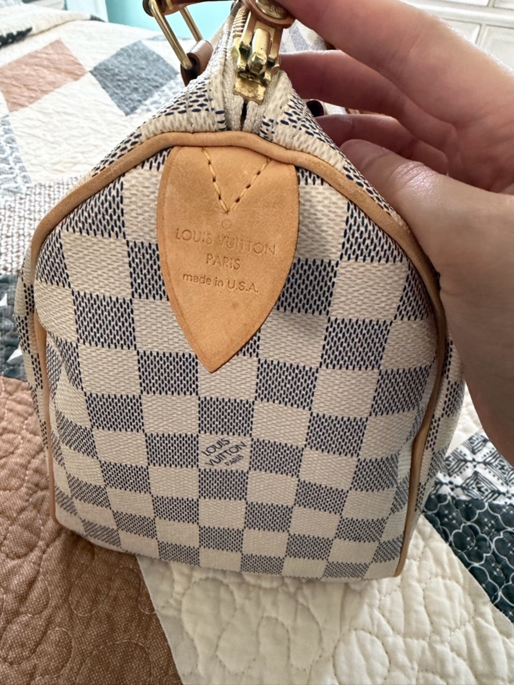 ✨ Louis Vuitton Damier Azur Canvas Speedy Handbag - Blue & Cream Check - Picture 9 of 10